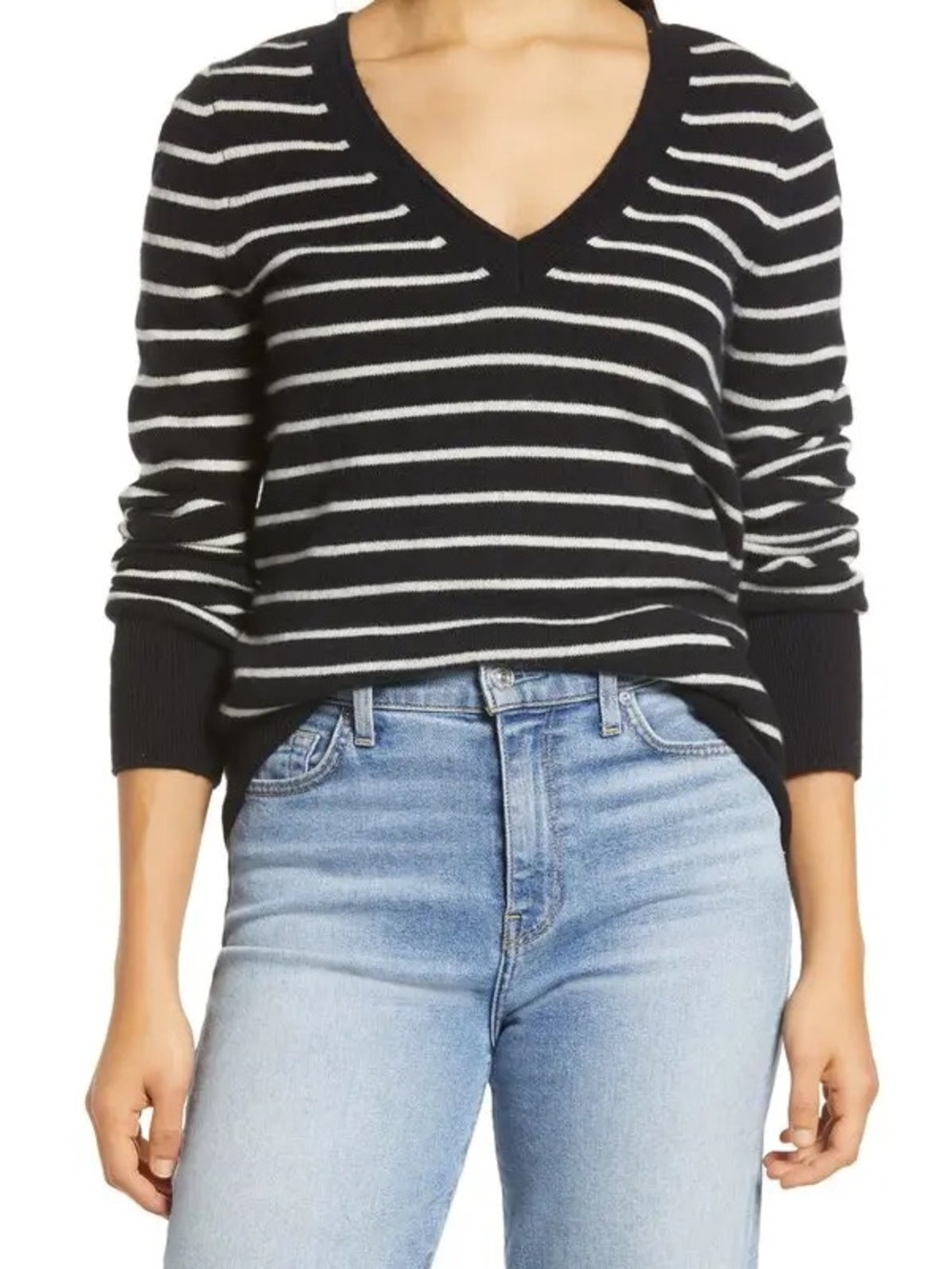 100% Cashmere Striped V-Neck Sweater